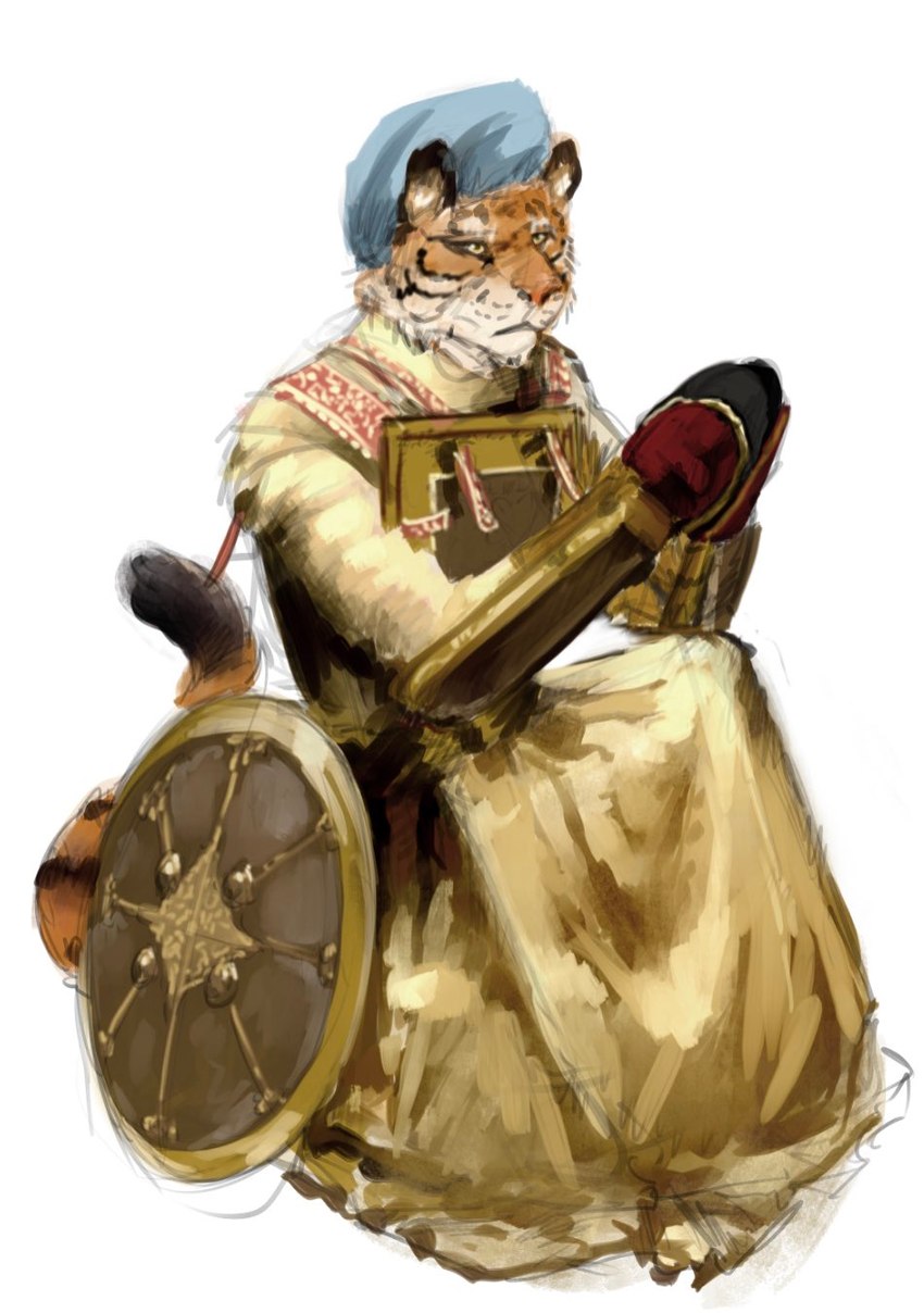 anthro chest_armor ck clasped_hands headwrap looking_ahead male markings shield simple_background sitting solo straps striped_markings striped_tail stripes tail tail_markings white_background banoncat felid mammal pantherine tiger 2023 hi_res