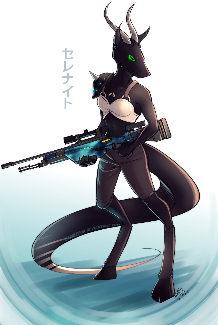 4_fingers anthro black_arms black_body black_ears black_head black_hooves black_legs black_shoulderpads black_skin black_tail blue_floor blue_gun blue_object blue_rifle blue_weapon breasts clothing female female_anthro fingers fully_clothed_anthro fully_clothed_female green_eyes grey_horn gun holding_gun holding_object holding_ranged_weapon holding_rifle holding_weapon hooves horn ranged_weapon rifle simple_background small_breasts solo tail text topwear weapon white_background white_clothing white_topwear darklitria davjo_(character) bovid caprine mammal selenite absurd_res hi_res japanese_text signature translated gynomorph_(lore)