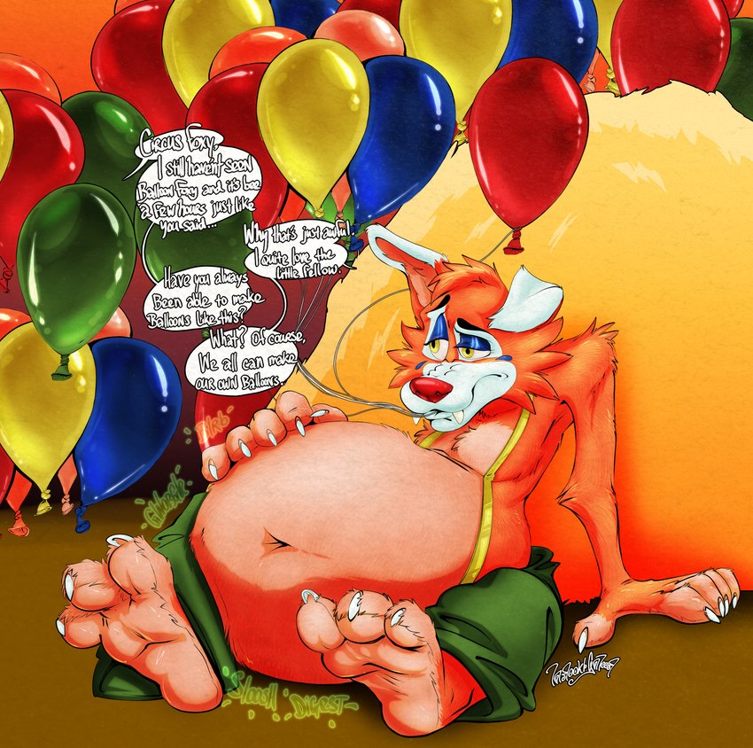 3_toes anthro asking asking_another asking_what balloon balloon_in_mouth belly blorb bodily_noises circus clown clown_pred derived_sound_effect describing_another describing_size dialogue different_sound_effects digestion digestion_noises escaping_text extended_sound_effect feet fully_inside glurgle hay idiom inflatable linked_speech_bubble male mouth_hold name_drop name_in_dialogue object_in_mouth offscreen_character onomatopoeia paws question relaxing reluctant_pred rumbling_stomach shortened_sound_effect sitting slosh sloshing_belly soft_vore solo sound_effect_variant sound_effects speech_bubble text toes vore willing_prey yes-no_question conditional_dnp tanookicatoon five_nights_at_freddy's funko_pop! scottgames balloon_foxy circus_foxy absurd_res english_text hi_res