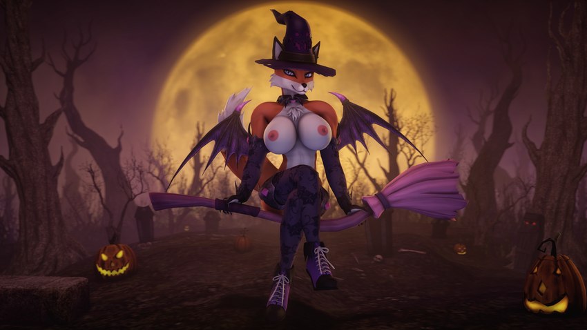 anthro bat_wings big_breasts blue_eyes breasts broom broom_riding cheek_tuft chest_tuft cleaning_tool clothing dead_forest ears_through_headwear exposed_breasts facial_tuft female fur hat headgear headwear holidays huge_breasts jack-o'-lantern jewelry looking_at_viewer membrane_(anatomy) membranous_wings moon necklace nipples orange_body orange_fur solo tuft white_body white_fur wings witch_hat gold97fox halloween alice_(gold97fox) canid canine fox mammal red_fox true_fox 16:9 2020 3d_(artwork) absurd_res digital_media_(artwork) hi_res source_filmmaker_(artwork) widescreen