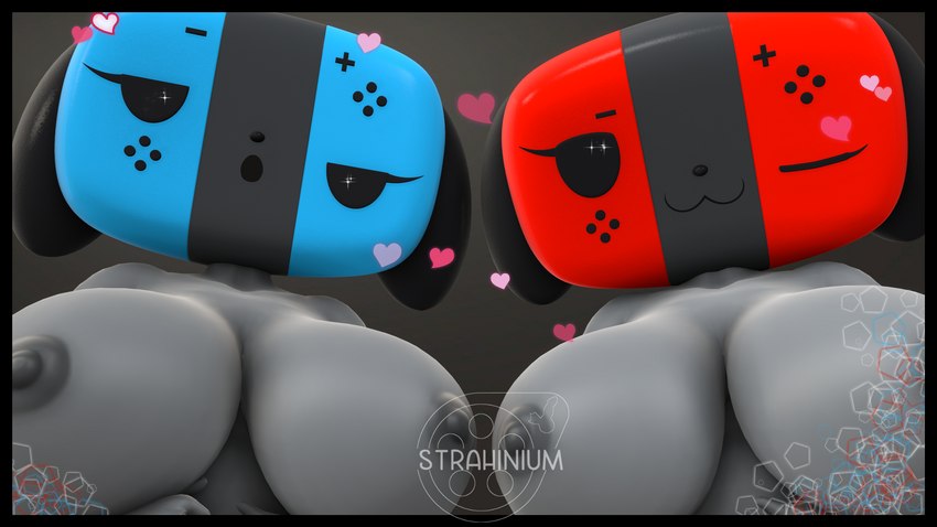 black_border border breasts duo electronics female game_console grey_body grey_nipples heart_symbol nipples one_eye_closed seductive switch_console wink strahinium nintendo nintendo_switch switch_dog 16:9 3d_(artwork) digital_media_(artwork) hi_res widescreen