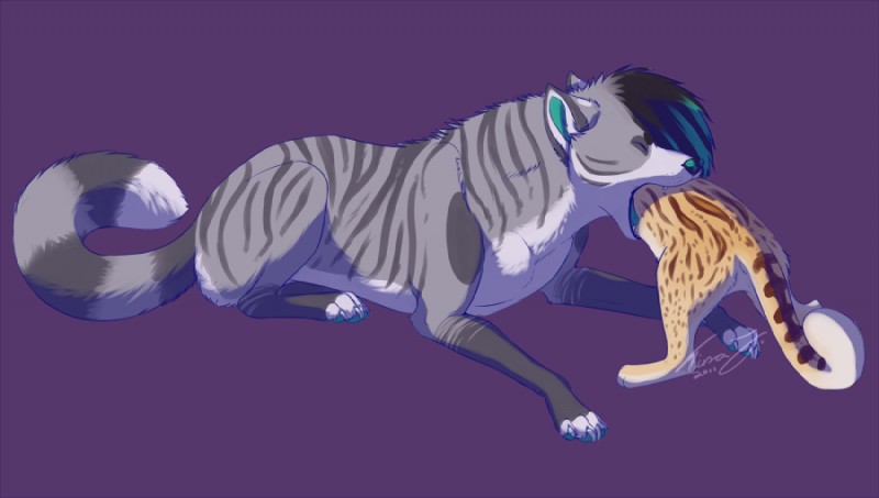 ambiguous_gender duo feral fur hair head_first oral_vore partially_inside size_difference soft_vore stripes swallowing vore smidgefish canid canine canis felid feline leopardus mammal ocelot wolf 2011