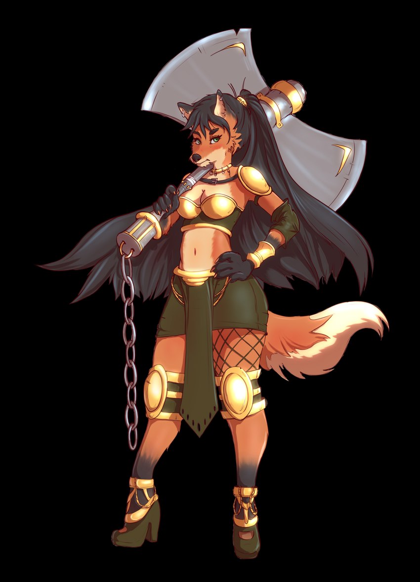 anthro axe battle_axe black_hair bottomwear chain clothed clothing double_bitted_axe ear_piercing ear_ring female fishnet_clothing footwear fur green_eyes hair high_heels holding_object holding_weapon jewelry labrys long_hair necklace orange_body orange_fur piercing ponytail ring_piercing shoes simple_background skirt solo transparent_background weapon gllaurentino camilla_(lexaplaya) canid canine fox mammal absurd_res alpha_channel hi_res