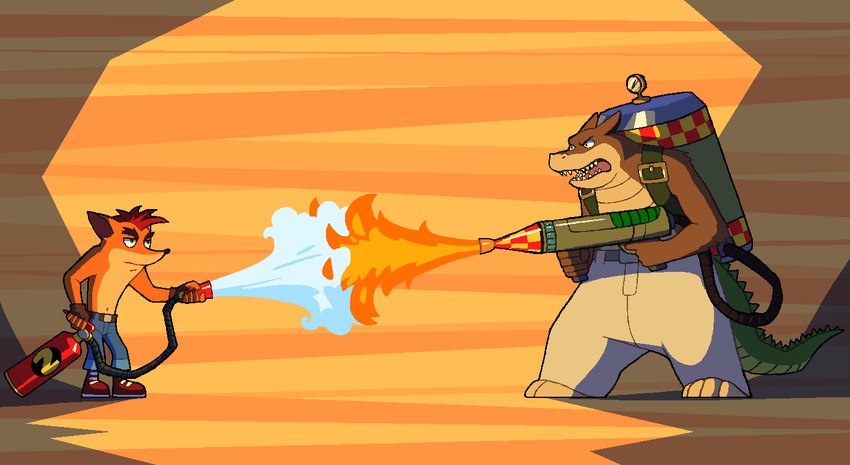 5_fingers anthro battle biped bottomwear brown_body brown_fur clothed clothing duo fingerless_gloves fingers fire fire_extinguisher flamethrower footwear fur gloves handwear male orange_body orange_fur pants ranged_weapon shoes shorts standing topless weapon kempferzero activision crash_bandicoot_(series) crash_bandicoot dingodile bandicoot canid canine canis crocodile crocodilian dingo hybrid mammal marsupial reptile scalie 2016 full-length_portrait portrait