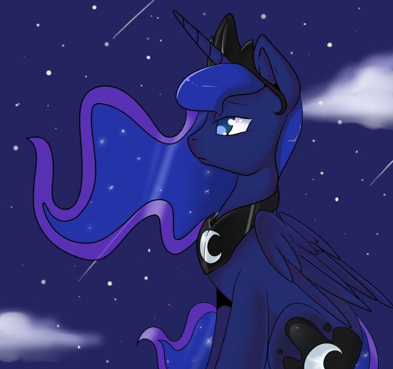 blue_body blue_eyes blue_feathers blue_hair cloud crown cutie_mark ethereal_hair feathered_wings feathers female feral hair headgear horn jewelry looking_away necklace outside quadruped shooting_star sky solo star tail wings lustrous-dreams friendship_is_magic hasbro my_little_pony mythology princess_luna_(mlp) equid equine mammal mythological_creature mythological_equine winged_unicorn hi_res