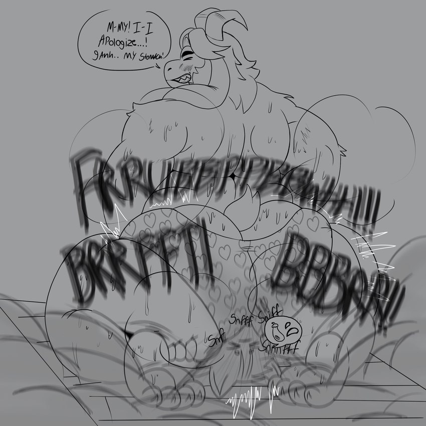 anthro apology big_butt blush bodily_fluids butt butt_sniffing clenched_teeth clothing cumming_while_sniffing dialogue duo eyes_closed facesitting fart fart_fetish feet fur hair heart_clothing heart_symbol heart_underwear horn larger_on_top long_ears male male/male musk musk_clouds on_top overweight overweight_male sitting_on_another size_difference sniffing sound_effects sweat sweatdrop sweaty_back sweaty_butt sweaty_feet teeth underwear white_body white_fur nabb-kun undertale_(series) asgore_dreemurr boss_monster_(undertale) bovid caprine goat mammal 1:1 hi_res monochrome