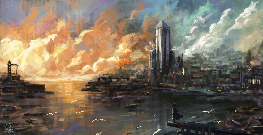 ambiguous_gender anthro biped city cityscape clothing cloud coat harbor solo topwear tower tomtc disco_elysium dr_rabbit_(tomtc) ambient_bird lagomorph leporid mammal rabbit digital_media_(artwork) digital_painting_(artwork) hi_res