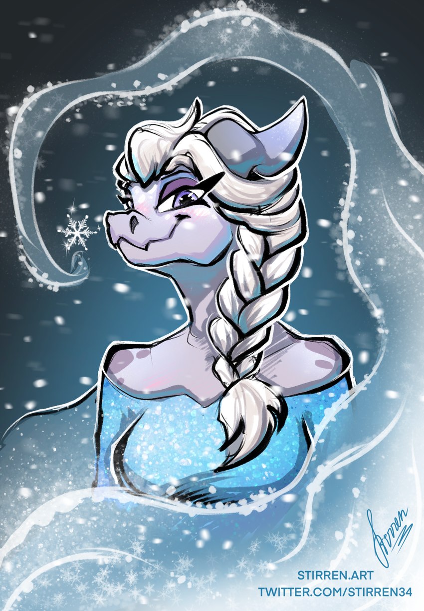 alternate_species anthro braided_hair clothing dress female furrification hair horn looking_at_viewer looking_down markings snowflake solo spots spotted_body stirren disney frozen_(disney) elsa_(frozen) kobold scalie hi_res portrait