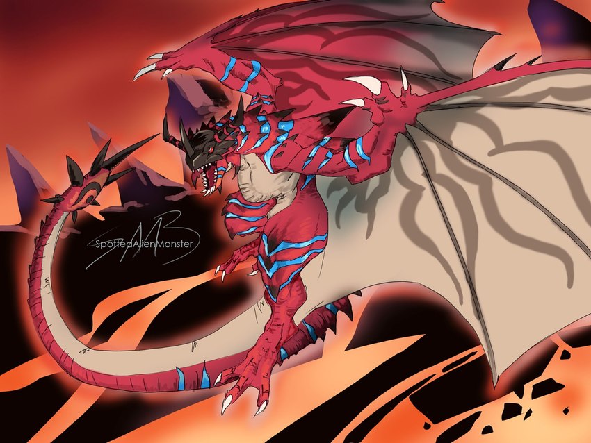 armor claws flying headgear helmet horn red_body red_scales scales sharp_teeth solo teeth wings spottedalienmon bandai_namco capcom digimon monster_hunter digimon_(species) flying_wyvern greymon hybrid rath_wyvern rathalos rathgreymon scalie crossover