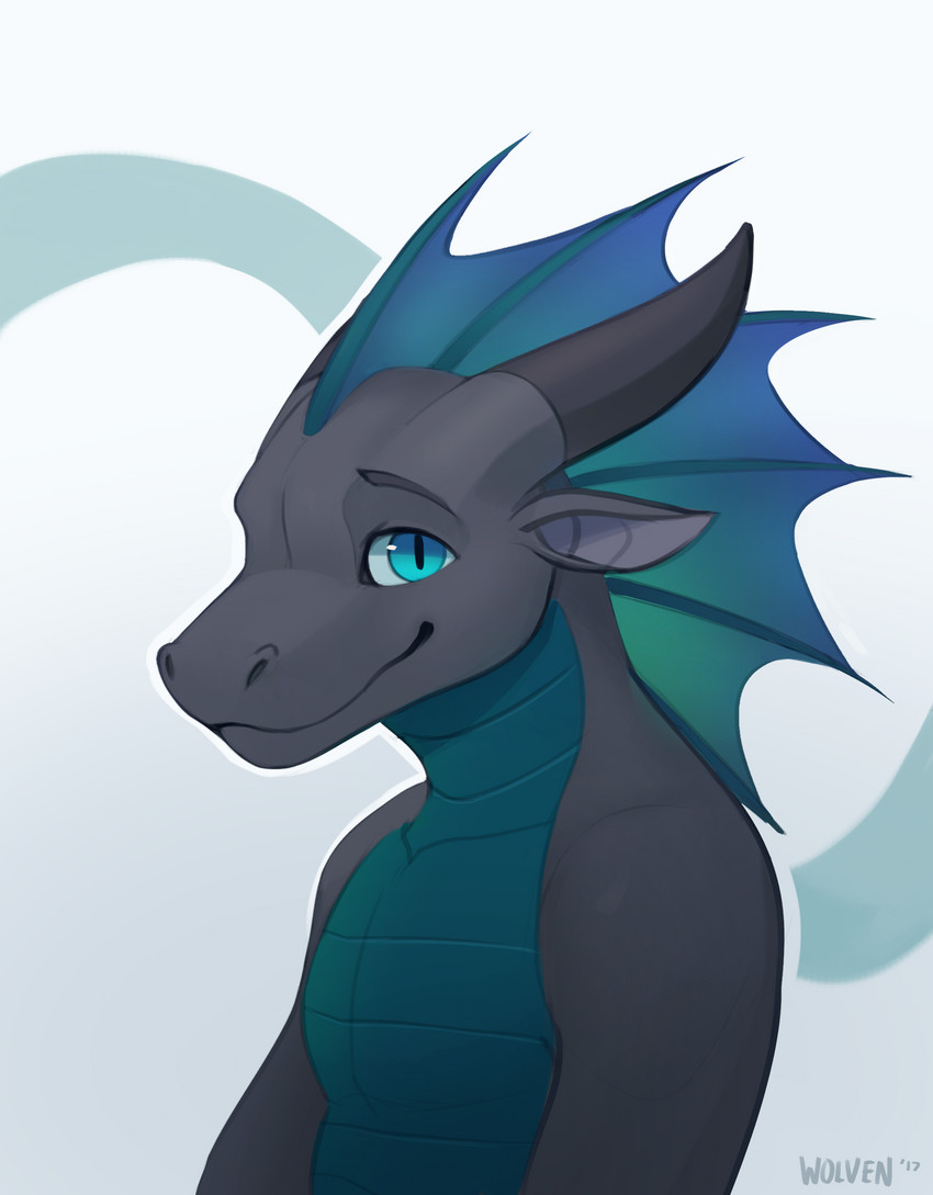 anthro black_body blue_body blue_eyes blue_scales frill_(anatomy) horn looking_at_viewer male pupils scales simple_background slit_pupils smile solo text white_background itswolven mythology emerson_(edef) dragon mythological_creature mythological_scalie scalie 2017 absurd_res english_text half-length_portrait hi_res portrait signature