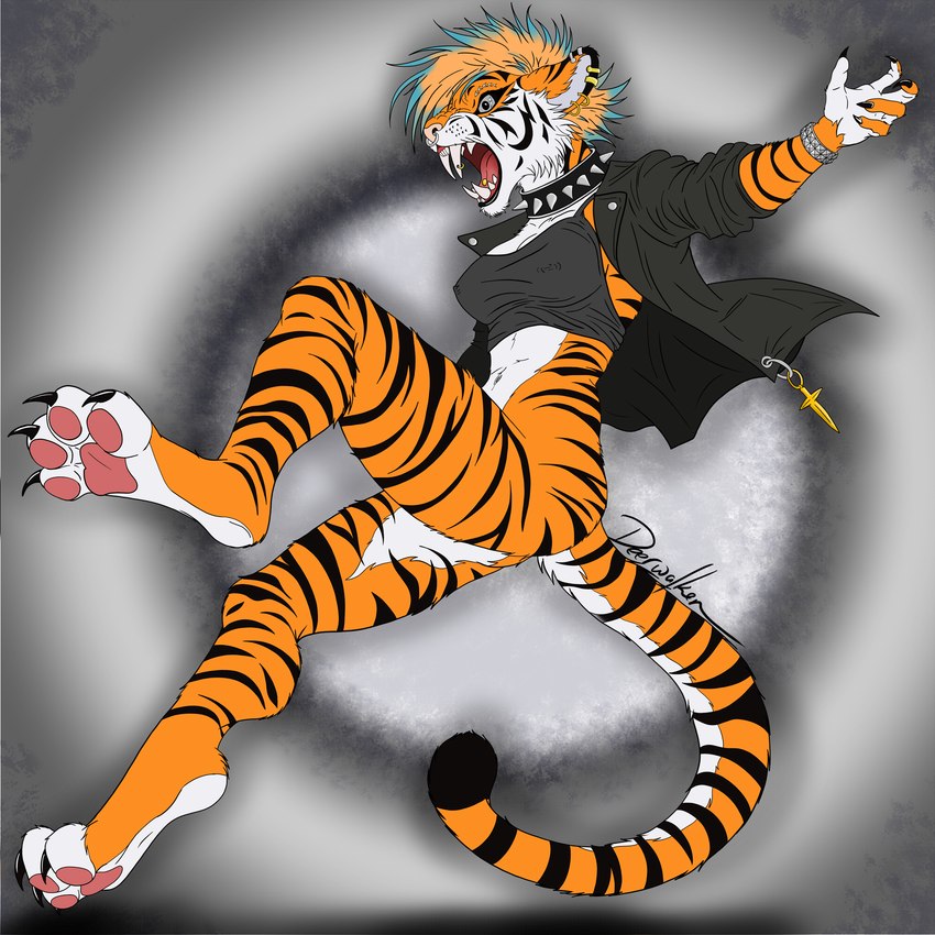 angry anthro bracelet claws clothed clothing collar dagger ear_piercing ear_ring eyebrow_piercing facial_piercing fangs feet female fur halter_top highlights_(coloring) hindpaw jacket jewelry jumping looking_away melee_weapon navel nipple_piercing_outline nose_piercing pantsless pawpads paws piercing ring_piercing sabertooth_(anatomy) simple_background snarling solo spiked_collar spikes striped_body striped_fur stripes studded_bracelet studded_jewelry studs teeth toe_claws tongue tongue_piercing tooth_piercing topwear weapon deerwalker felid mammal pantherine prehistoric_species saber-toothed_tiger tiger 1:1 flat_colors hi_res