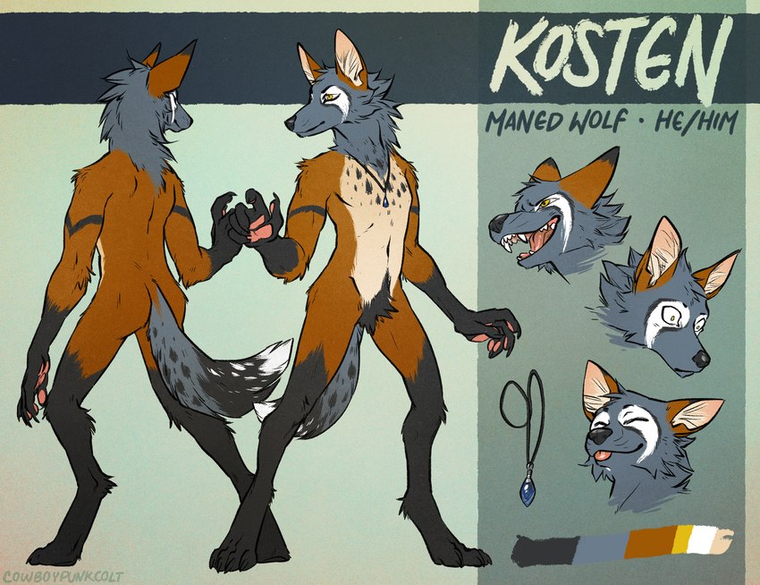 anthro arm_markings expressions jewelry male markings necklace pawpads pose smile solo zanity kosten canid canine mammal maned_wolf hi_res model_sheet