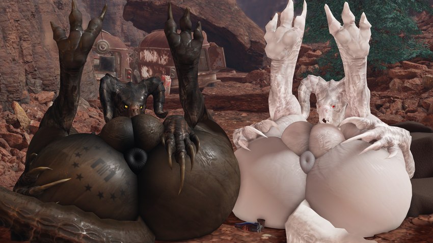 albino anthro anus balls big_balls big_butt branded butt duo genitals horn huge_butt legs_up lying male on_back outside puffy_anus red_eyes tail yellow_eyes willie_piv fallout microsoft enclaw_(willie_piv) goris_(fallout) deathclaw scalie 3d_(artwork) digital_media_(artwork) hi_res