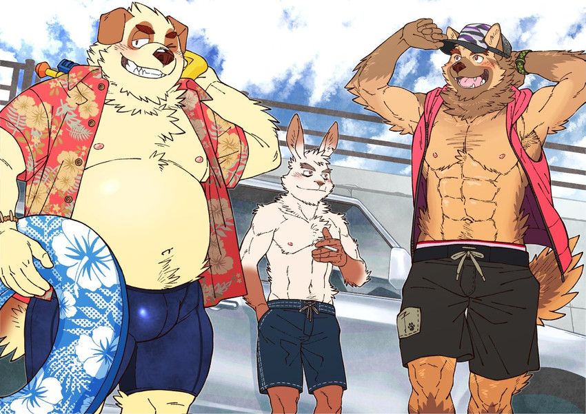 anthro barazoku belly blush brown_body brown_fur clothed clothing fur group hat headgear headwear kemono male moobs muscular muscular_male nipples one_eye_closed open_clothing open_shirt open_topwear outside overweight overweight_male shirt swimwear topwear wink ryuta-h canid canine canis domestic_dog lagomorph leporid mammal rabbit 2020