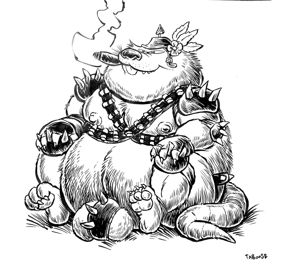 anthro armor ball_slip balls belly big_belly genitals headgear helmet male moobs nipples overweight overweight_male sitting smoking solo jwbalsley boss_rat mammal murid murine rat rodent 2026 hi_res monochrome