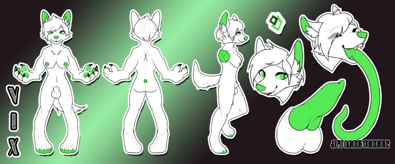 animal_genitalia anthro balls fully_sheathed fur genitals green_eyes green_nipples green_paws green_penis green_tongue gynomorph intersex long_tongue nipples penis sheath solo tongue white_body white_fur cruddi vix canid canine fox mammal absurd_res hi_res model_sheet