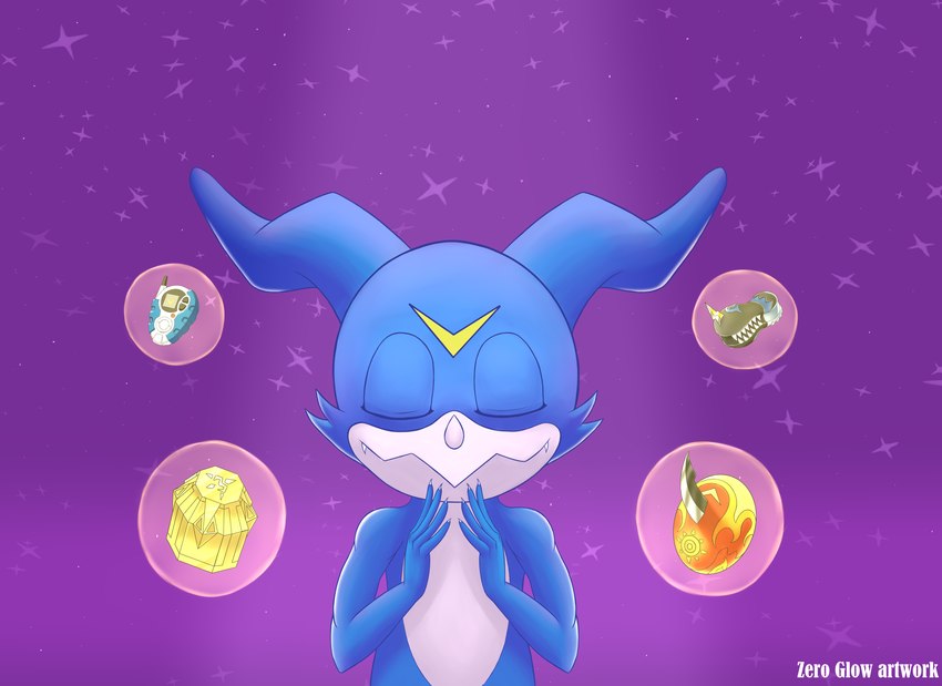 anthro artifact blue_body digimental digivice eyes_closed male menu miracles mouth_closed praying purple_background simple_background solo space sparkles sphere star text zeroglow bandai_namco digimon genshin_impact mihoyo digimon_(species) veemon absurd_res english_text hi_res signature