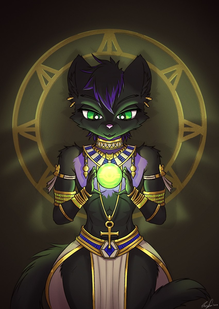 ankh ankh_necklace black_body black_fur black_hair bracelet clothing ear_piercing egyptian egyptian_clothing fur gold_(metal) gold_jewelry green_eyes hair inner_ear_fluff jewelry neborb necklace piercing purple_body purple_fur purple_hair tuft surryfox egyptian_mythology middle_eastern_mythology mythology pondering_my_orb bast deity domestic_cat egyptian_god felid feline felis mammal hi_res
