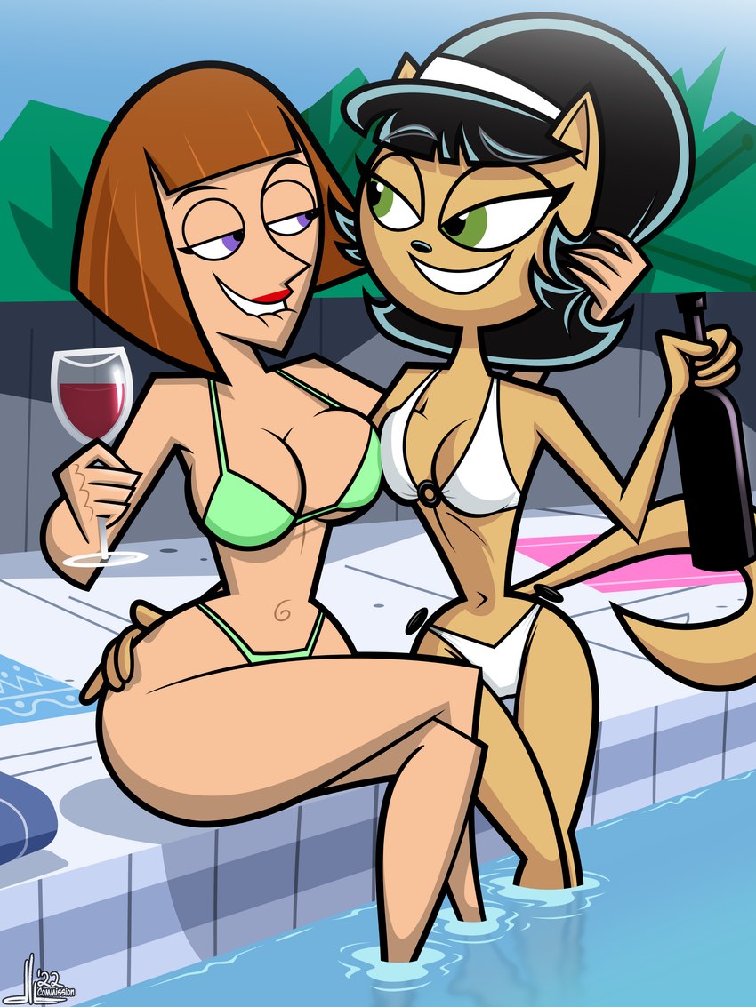 accessory age_difference anthro bikini bikini_thong bikini_top bite biting_lip black_hair breast_squish breasts breasts_frottage brown_hair butt butt_grab cleavage clothed clothing container cup drinking_glass duo female female/female glass glass_container glass_cup green_eyes hair hand_on_butt head_grab headband hug human_on_anthro interspecies looking_at_another mature_female outside poolside purple_eyes small_waist smile squish strap_gap string_bikini swimwear thigh_gap towel two-piece_swimsuit water wide_hips wine_bottle wine_glass younger_female dltoon danny_phantom nickelodeon t.u.f.f._puppy kitty_katswell maddie_fenton domestic_cat felid feline felis human mammal 3:4 absurd_res colored hi_res shaded simple_shading