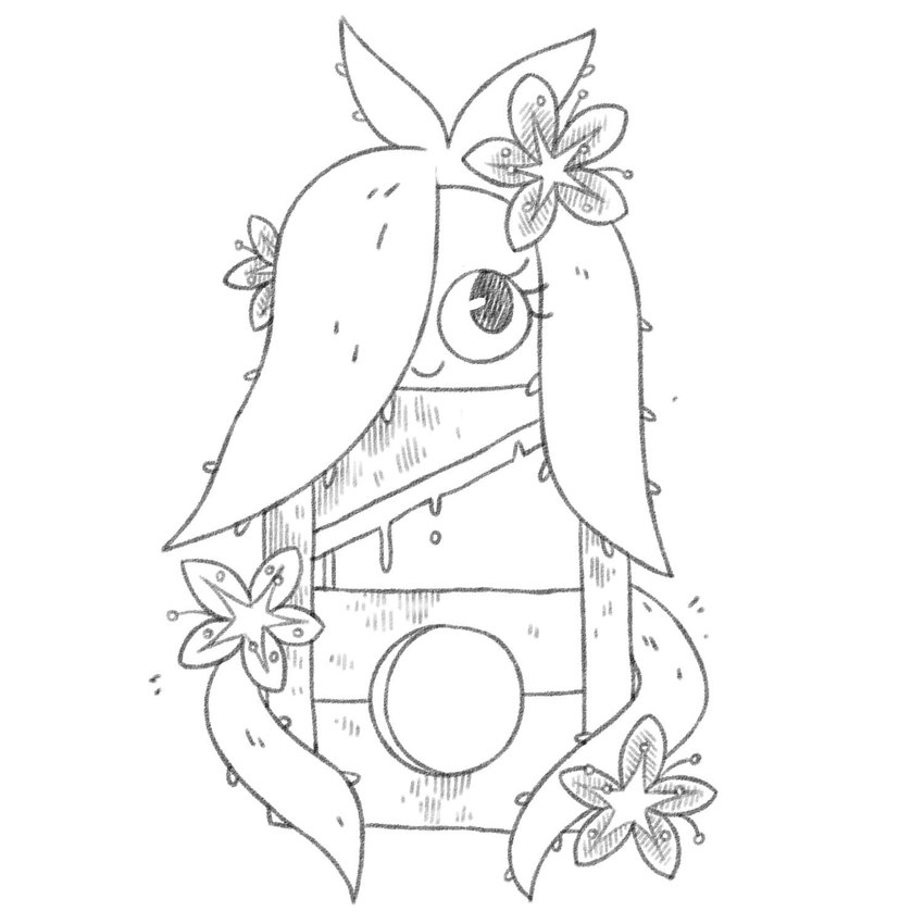 ambiguous_gender dripping eyelashes flower guillotine plant pseudo_hair pseudo_hair_over_eye smile solo ljrmr fakemon animate_inanimate elemental_creature flora_fauna 1:1 2019 digital_drawing_(artwork) digital_media_(artwork) full-length_portrait greyscale hatching_(art) hi_res monochrome paint_tool_sai_(artwork) portrait shaded