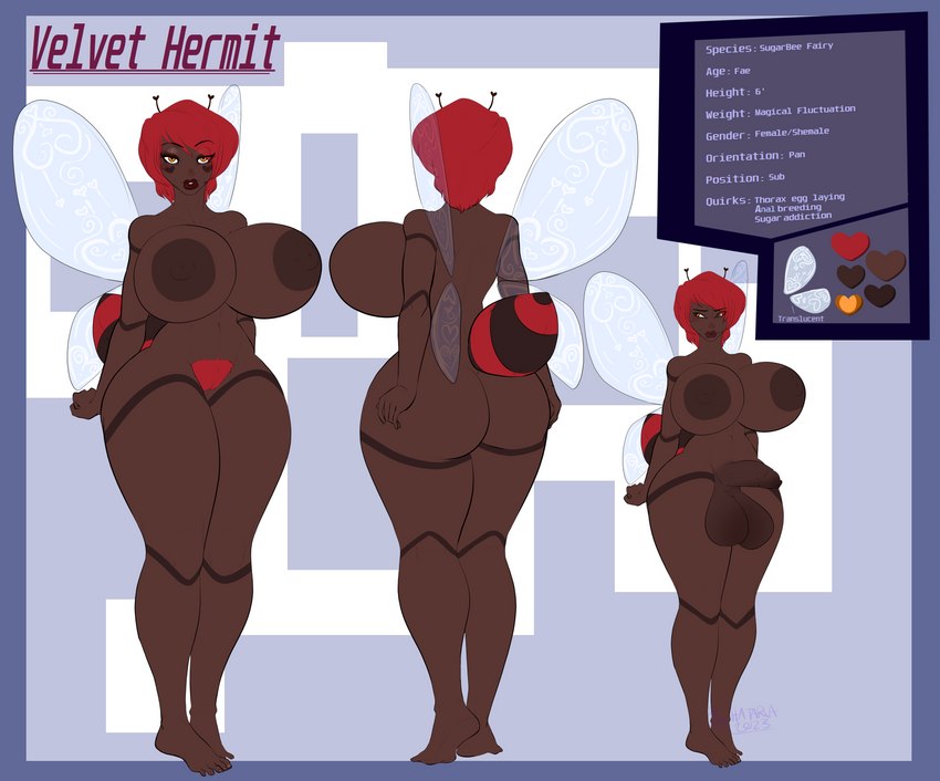 antennae_(anatomy) areola balls big_areola big_breasts breasts brown_areola brown_nipples dark_body dark_penis dark_skin female foreskin fur genitals gynomorph hair heart_symbol huge_breasts humanoid_genitalia humanoid_penis insect_wings intersex lips nipples orange_eyes penis pubes red_body red_fur red_hair red_pubes solo text thick_lips wings hatarla velvet_hermit fairy humanoid sugarbee_fairy absurd_res english_text hi_res model_sheet