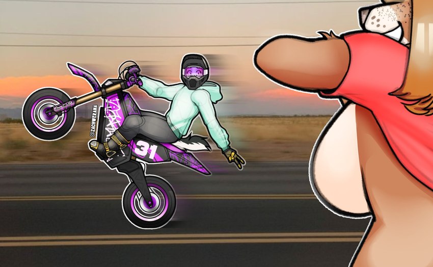 anthro big_breasts blonde_hair blush breasts brown_body brown_fur clothed clothing desert duo female flashing flashing_breasts fur gesture hair hand_gesture huge_breasts looking_at_breasts male male/female markings raised_clothing raised_topwear riding_motorcycle side_boob smile solo spots spotted_markings tail topwear v_sign vehicle zacharysmith karra_(ziokleos) canid canine canis domestic_dog mammal 2024 digital_media_(artwork) hi_res