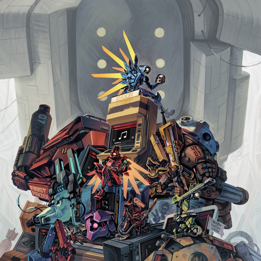 1_eye 6_eyes ambiguous_gender blue_body blue_eyes bone breasts brown_body cannon_arm crouching eyeless female flag flamethrower gatling_gun gesture green_body group gun hand_gesture head_cannon holding_flamethrower holding_gun holding_object holding_ranged_weapon holding_skull holding_weapon larger_ambiguous machine machine_gun mechanical_wings melee_weapon minigun multi_eye musical_note musical_symbol not_furry pile pink_eyes purple_body ranged_weapon red_body rust sitting size_difference skull smaller_ambiguous sword symbol text v_sign weapon white_eyes wings wire yellow_eyes loopy-lupe new_blood_interactive ultrakill 1000-thr_earthmover big_johninator_(ultrakill) drone_(ultrakill) gutterman_(ultrakill) guttertank_(ultrakill) mindflayer_(ultrakill) sentry_(ultrakill) streetcleaner_(ultrakill) swordsmachine_(ultrakill) v1_(ultrakill) v2_(ultrakill) humanoid robot robot_humanoid 2025 afrikaans_text dutch_text english_text german_text hi_res russian_text translated