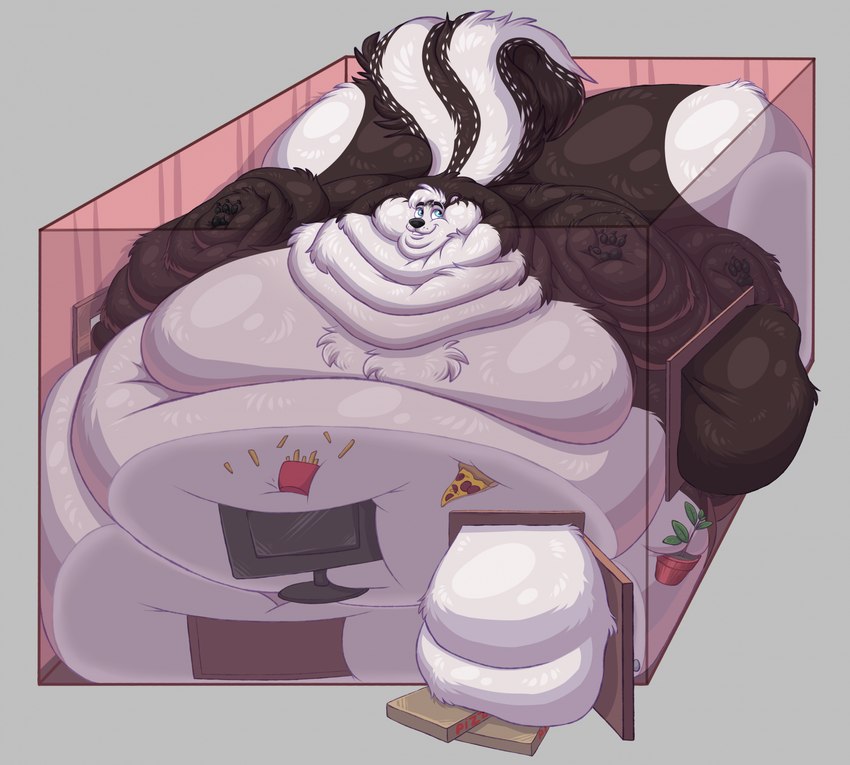 anthro arm_rolls belly belly_on_ground belly_rolls big_belly big_butt big_cheeks black_body blobby butt chubby_cheeks double_chin electronics fat_arms fat_rolls food fries huge_belly huge_butt huge_hips huge_moobs huge_thighs hyper hyper_belly hyper_butt hyper_hips hyper_thighs immobile leg_rolls male monitor morbidly_obese morbidly_obese_anthro morbidly_obese_male neck_rolls obese obese_anthro obese_male overweight overweight_anthro overweight_male pizza room_filling solo thick_thighs tuft white_body wide_hips darksidesf mammal mephitid skunk 2024 cel_shading hi_res shaded