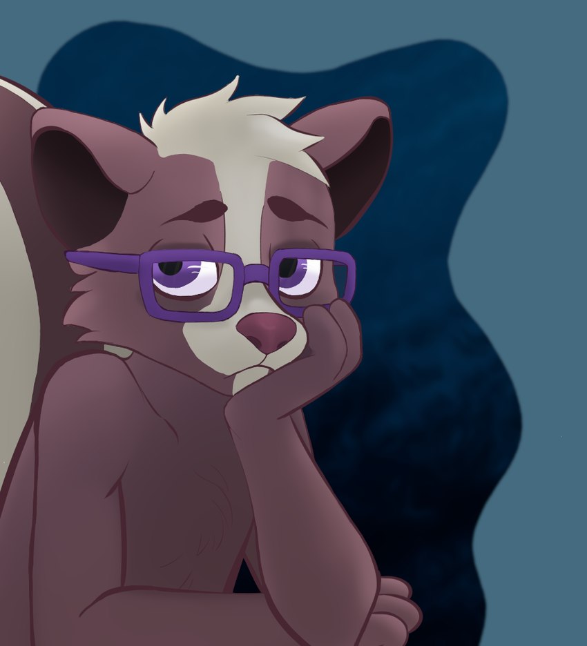 anthro brown_body brown_fur eyewear fur glasses hair hand_on_chin looking_at_viewer male purple_eyes sad simple_background solo white_hair hammymushpants gentle_(thetamule) mammal mephitid skunk 2024 digital_drawing_(artwork) digital_media_(artwork)