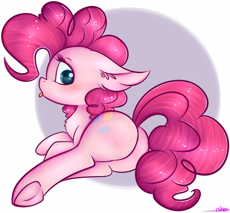 ambiguous_gender blue_eyes blush butt cutie_mark feral fur hair looking_at_viewer looking_back pink_body pink_fur pink_hair solo tongue tongue_out ashee friendship_is_magic hasbro my_little_pony pinkie_pie_(mlp) earth_pony equid equine horse mammal pony 2016 absurd_res hi_res