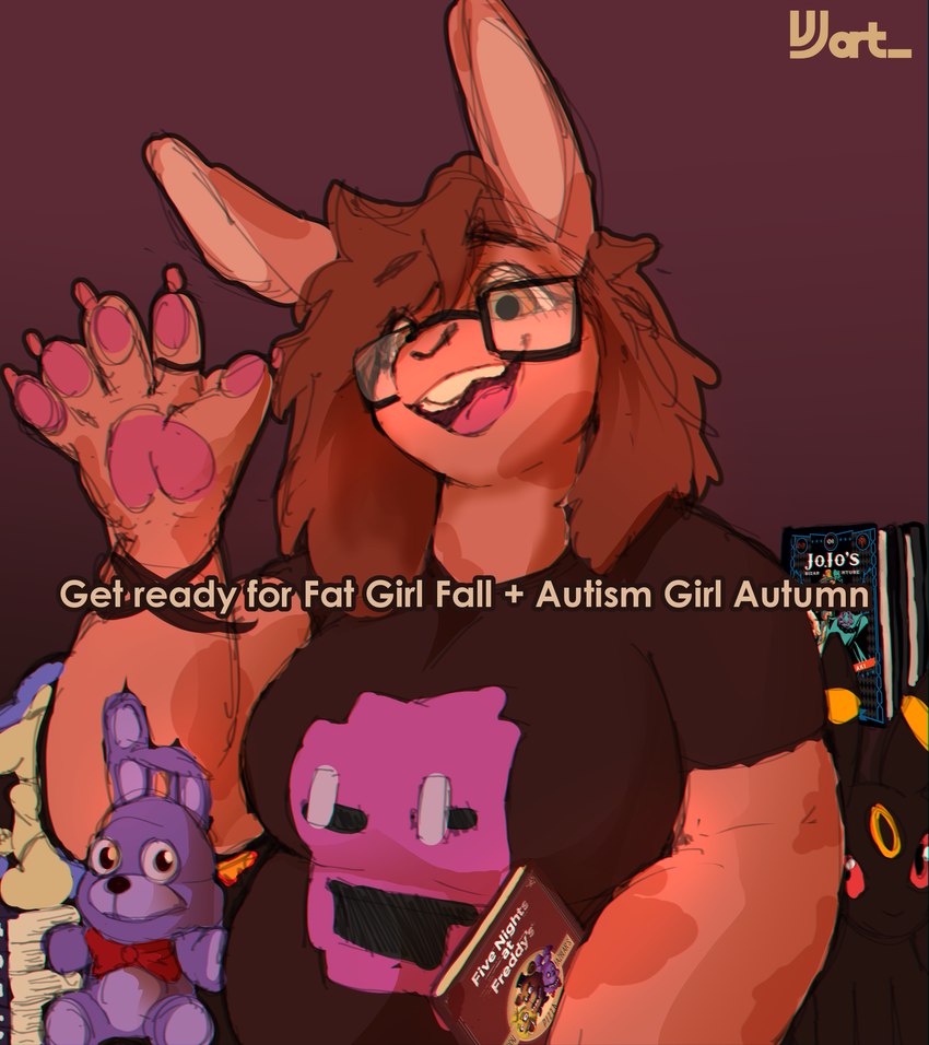 anthro autism belly bracelet brown_eyes chubby_arms chubby_cheeks clothed clothing colored_nails dave_miller_(fnaf) eyewear fangirl fat_arms female floppy_ears fur fur_markings fur_marks glasses green_eyes happy jewelry looking_at_viewer looking_down looking_down_at_viewer machine markings multicolored_eyes nails overweight overweight_anthro overweight_female pawpads paws plushie ring shirt shirt_design side_eye slightly_chubby slightly_chubby_anthro slightly_chubby_female solo stitch_(sewing) t-shirt tight_clothing tight_shirt tight_topwear topwear vjart vjsins fat_girl_fall five_nights_at_freddy's hirohiko_araki_(copyright) jojo's_bizarre_adventure nintendo pokemon scottgames survival_logbook_(fnaf) bonnie_(fnaf) chica_(fnaf) freddy_(fnaf) gabriel_(fnaf) jeremy_(fnaf) jotaro_kujo purple_guy_(fnaf) susie_(fnaf) vee_jay_(vjsins) william_afton_(fnaf) animal_humanoid animatronic avian bear bird chicken cyndaquil eeveelution galliform gallus_(genus) generation_2_pokemon humanoid lagomorph lagomorph_humanoid leporid leporid_humanoid mammal mammal_humanoid phasianid pokemon_(species) rabbit rabbit_humanoid robot umbreon absurd_res hi_res female_(lore) trans_(lore) trans_woman_(lore)