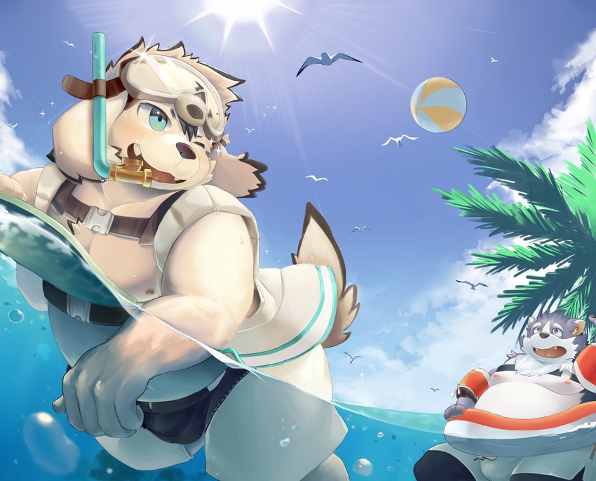 anthro belly bottomwear clothing duo fur grey_body grey_fur male moobs nipples one_eye_closed overweight overweight_male palm_tree plant shorts snorkel swimming swimwear tree water white_body white_fur wink hechaxianzhi tamacolle harima tajima_(tamacolle) canid canine canis domestic_dog mammal absurd_res hi_res