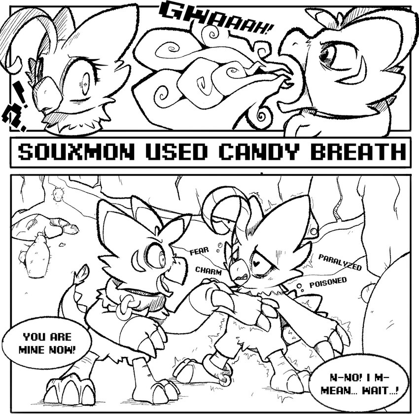 chain claws collar comic_panel dialogue duo female feral forced gameplay_mechanics male male/female pixelated_text souxmon speech_bubble text wax_feather bandai_namco digimon fan_character avian biyomon digimon_(species) 1:1 black_and_white comic digital_drawing_(artwork) digital_media_(artwork) english_text hatching_(art) hi_res line_art monochrome shaded