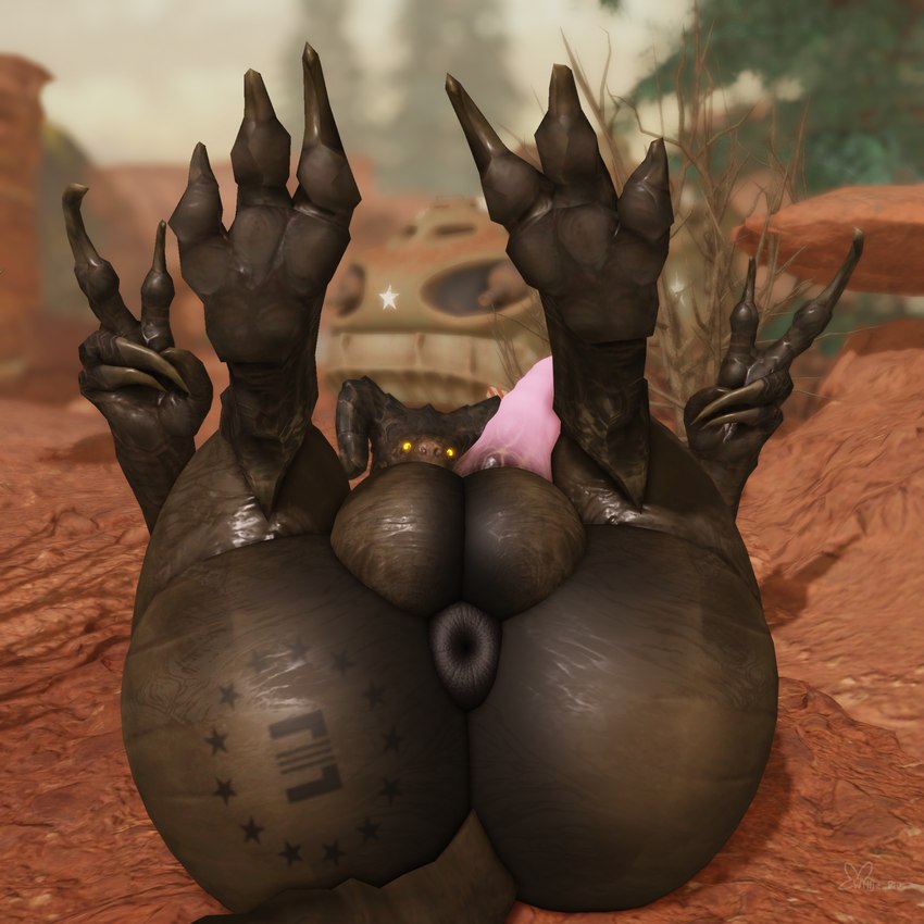 anthro anus balls big_balls big_butt big_penis brand butt genitals gesture hand_gesture horn huge_butt lying male on_back outside penis puffy_anus solo tail v_sign yellow_eyes willie_piv fallout microsoft enclaw_(willie_piv) deathclaw scalie 1:1 3d_(artwork) digital_media_(artwork) hi_res