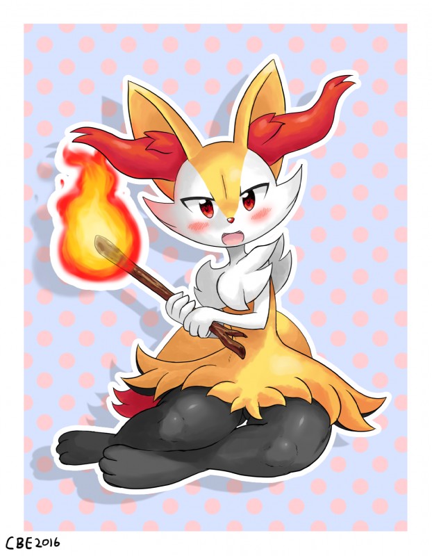 anthro biped blush fangs female fire fur kneeling looking_at_viewer red_body red_fur sitting solo stick teeth yellow_body yellow_fur crimsonbugeye nintendo pokemon braixen canid canine generation_6_pokemon mammal pokemon_(species) 2016 hi_res