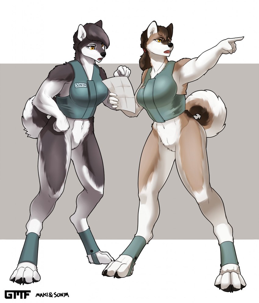 anthro bottomless clothed clothing digitigrade duo featureless_crotch female harness sled_harness stirrup_footwear gasmaskfox maki_(gasmaskfox) sonya_(gasmaskfox) alaskan_malamute canid canine canis domestic_dog greenland_dog mammal nordic_sled_dog spitz 2021 digital_media_(artwork) hi_res