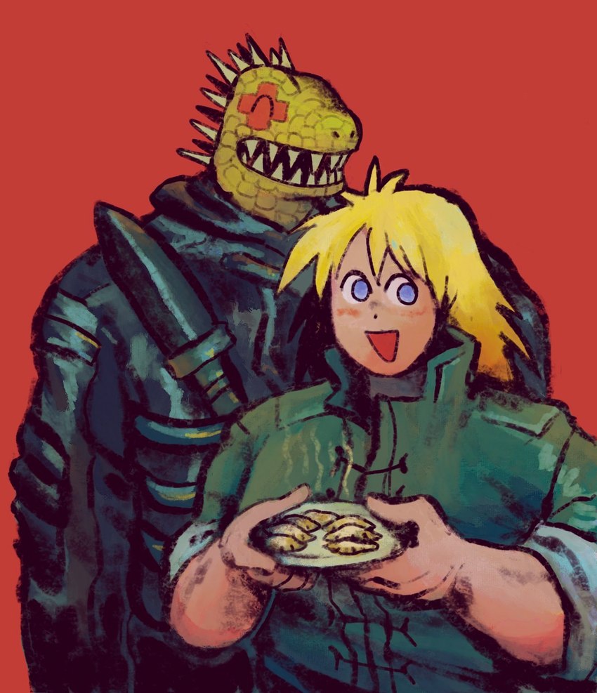 anthro bangs blonde_hair blue_eyes clothed clothing duo female food green_body green_scales gyoza hair male scales sharp_teeth smile teeth plastiboo dorohedoro kaiman_(dorohedoro) nikaido_(dorohedoro) human lizard mammal reptile scalie digital_media_(artwork) hi_res