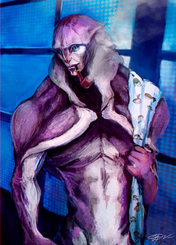 blue_eyes holding_object holding_towel male muscular muscular_humanoid muscular_male nude pipe purple_body purple_skin scar smile smoke smoking smoking_pipe solo towel mirrormouse bioware electronic_arts mass_effect mass_effect_andromeda jaal_ama_darav alien angara humanoid hi_res