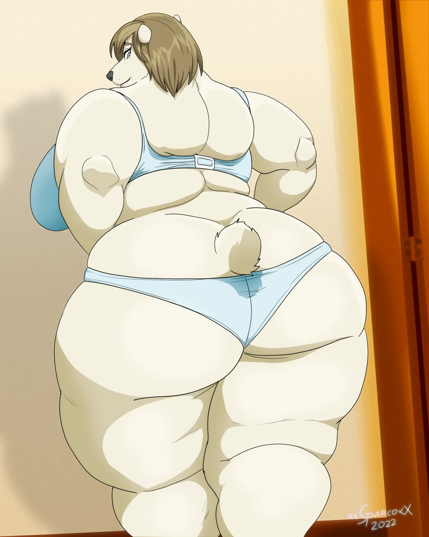 anthro black_nose blue_bra blue_clothing blue_panties blue_underwear bra breasts butt clothed clothing eyebrows female fur hair monotone_body monotone_clothing monotone_fur monotone_panties monotone_underwear overweight overweight_anthro overweight_female panties rear_view solo underwear white_body white_fur xxsparcoxx ivanna_(xxsparcoxx) bear mammal polar_bear ursine 2022 absurd_res hi_res signature