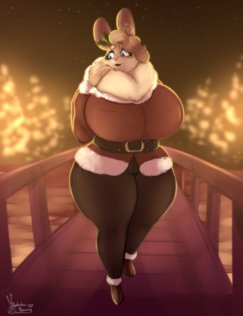 5_fingers accessory anthro belt belt_buckle big_breasts black_clothing black_leggings black_legwear blue_eyes blurred_background boots bottomwear breast_pockets breasts bridge brown_body brown_boots brown_clothing brown_footwear brown_fur buckle christmas_clothing christmas_lights christmas_tree clothed clothing coat costume curvy_figure cute_fangs dewlap_(anatomy) dipstick_ears ear_markings ears_up eyelashes fangs female fingers flower flower_in_hair fluffy footwear front_view fully_clothed fur hair hair_accessory hand_on_dewlap holidays holly_(plant) hourglass_figure huge_breasts leaf leaf_hair_accessory leaf_in_hair leggings legwear looking_away markings multicolored_body multicolored_ears multicolored_fur night open_mouth open_smile outside pants plant pockets santa_costume shoes sky smile snow solo spots spotted_body spotted_fur standing star starry_sky tan_body tan_fur teeth thick_thighs topwear tree waist_belt walking wavy_hair whiskers wide_hips winter shakotanbunny christmas hazel_(shakotanbunny) domestic_rabbit flemish_giant lagomorph leporid mammal oryctolagus rabbit 2022 full-length_portrait hi_res portrait shaded signature