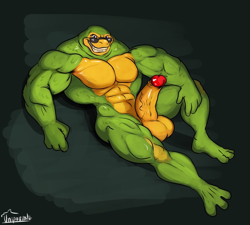 abs anthro balls biceps eyewear genitals green_body grin looking_at_viewer male muscular muscular_anthro muscular_male pecs penis smile solo sunglasses teeth vein veiny_penis uniparasite battletoads rareware rash_(battletoads) amphibian frog toad_(frog) hi_res