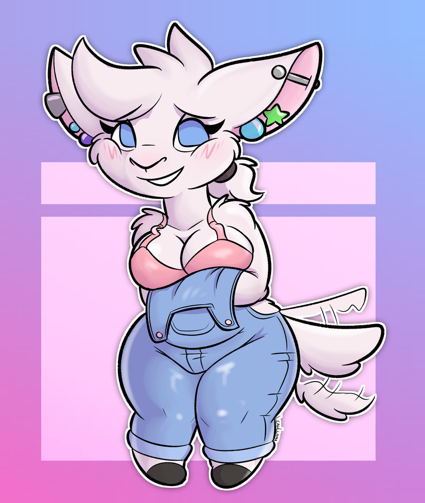 anthro blush bra clothing ear_piercing embarrassed female industrial_piercing looking_at_viewer overalls piercing simple_background solo standing tail tail_motion tailwag underwear wardrobe_malfunction leo_llama leah_(leo_llama) camelid llama mammal absurd_res hi_res