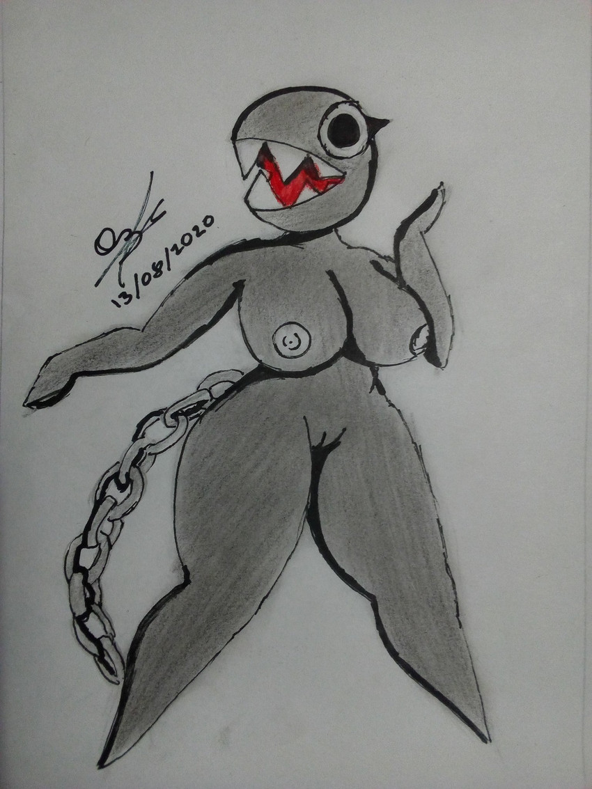 anthro big_breasts black_body black_skin breasts butt chain female genitals nipples non-mammal_breasts non-mammal_nipples nude pussy sharp_teeth solo teeth luxury_furart mario_bros nintendo chain_chomp 2020 3:4 hi_res traditional_media_(artwork)