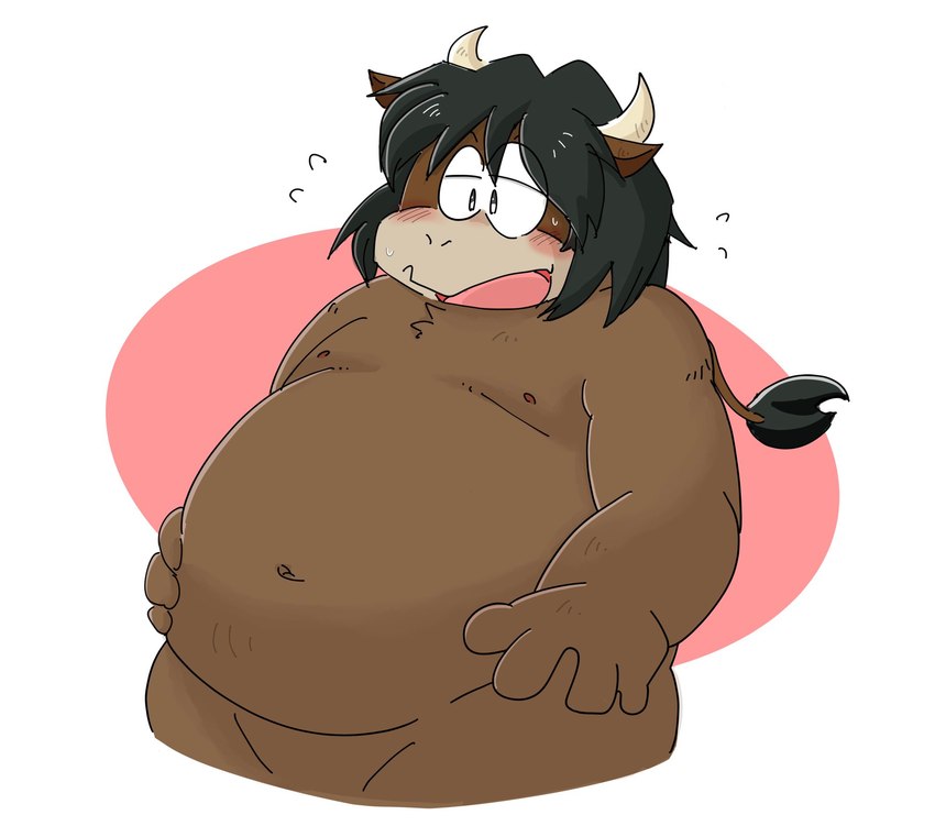 anthro belly big_belly blush brown_body humanoid_hands kemono male moobs navel nipples overweight overweight_male solo young moeouji eto_rangers hols bovid bovine cattle mammal 2022 hi_res