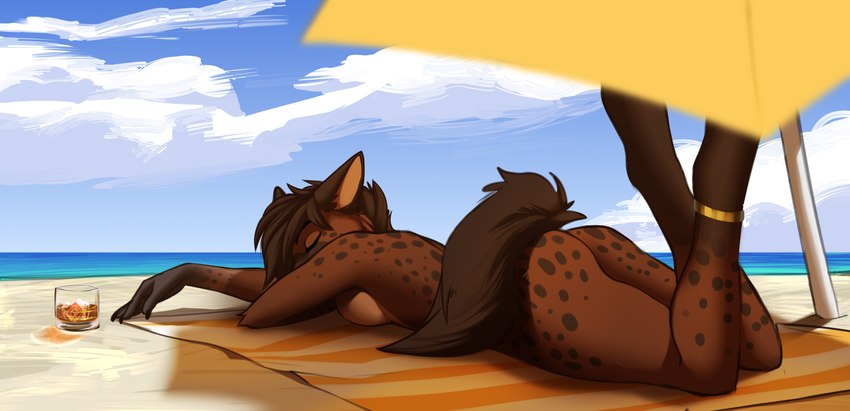 alcohol anklet anthro beach beach_towel beach_umbrella beverage black_claws black_nails breast_squish breasts brown_body brown_fur brown_hair chest_markings claws colored_nails container cup day detailed_background eyebrows eyelashes eyes_closed female finger_claws fur gloves_(marking) gold_anklet hair ice_cube jewelry leg_markings markings medium_breasts nails nap nude outside parasol sand sea seaside shoreline sky sleeping socks_(marking) solo spilled_alcohol spilled_drink spots spotted_body spotted_fur spotted_markings squish tail tan_breasts tan_chest towel water whiskey sinalanf trevor_pride_(knotfunny) hyena mammal spotted_hyena 2022 absurd_res digital_media_(artwork) hi_res shaded herm_(lore) nonbinary_(lore)