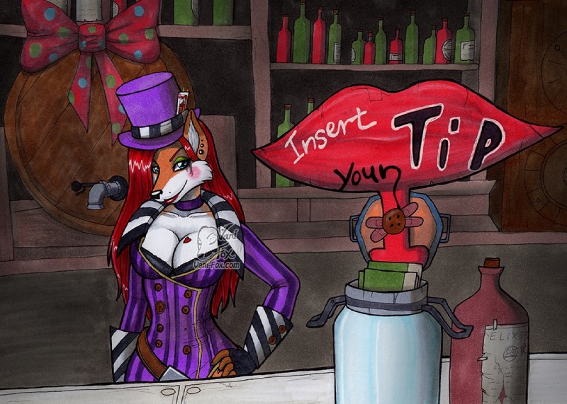 anthro bar bartender belt blue_eyes blush bottle breasts button_(fastener) cleavage clothed clothing container cosplay ear_piercing eyeshadow female hair hat headgear headwear heart_symbol keg makeup piercing red_hair ribbons scarf sign smile suit top_hat vani-fox 2k_games borderlands mad_moxxi canid canine fox mammal