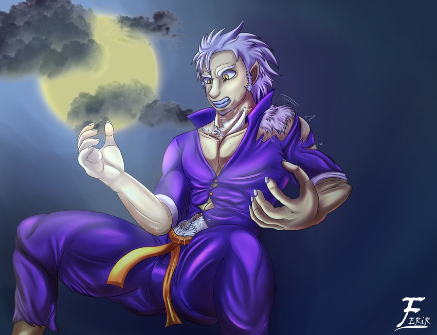 anthro bared_teeth bottomwear clothed clothing cloud full_moon fully_clothed humanoid_pointy_ears male martial_arts_uniform moon pants pointy_ears purple_bottomwear purple_clothing purple_pants purple_shirt purple_topwear shirt solo sportswear topwear torn_clothing transformation ferir capcom darkstalkers mythology jon_talbain canid canine humanoid mammal mythological_canine mythological_creature werecanid werecanine werecreature werewolf 2020 hi_res