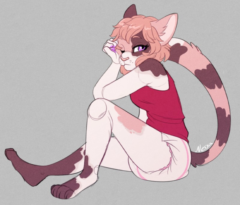 ageplay anthro biped brown_body brown_fur brown_hair claws clean_diaper clothed clothing diaper feet female fur hair one_eye_closed pawpads purple_eyes roleplay sitting solo wearing_diaper strawberryneko domestic_cat felid feline felis mammal watermark