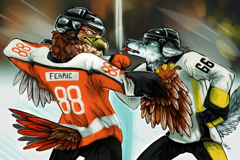 anthro armor beak clothed clothing competition_number detailed_background duo feathered_wings feathers fight fist fully_clothed headgear helmet hockey jersey number number_on_clothing number_on_jersey number_on_topwear number_print print_clothing print_jersey print_topwear sport text text_on_clothing text_on_jersey text_on_topwear text_print tongue tongue_out topwear wings bagleyarts puppy-chow puppychowder nhl philadelphia_flyers pittsburgh_penguins bloodymagus ferric_(oblong_pomegranate) accipitrid accipitriform avian bird canid canine canis mammal wolf 2015 digital_media_(artwork) portrait three-quarter_portrait