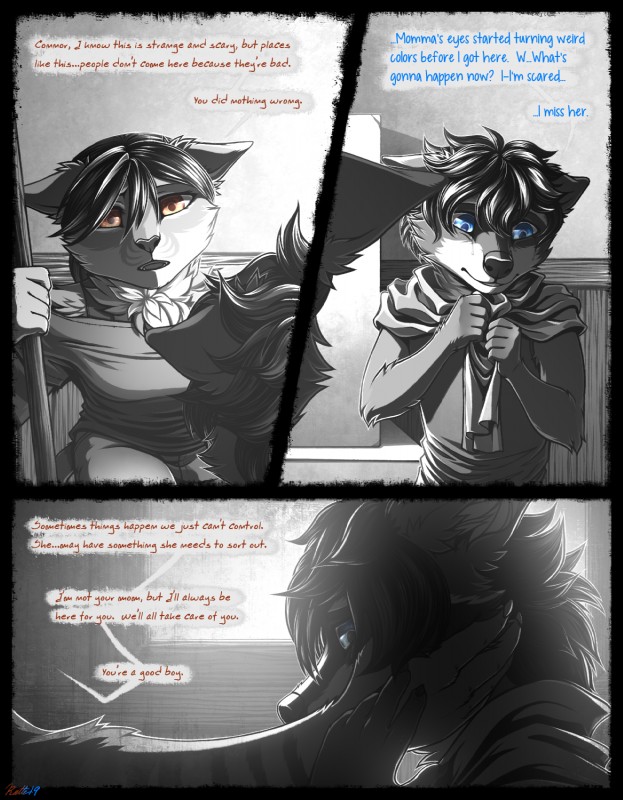 anthro black_border blue_eyes border brown_eyes dialogue text conditional_dnp ratte legacy_(ratte) connor_(ratte) sura_(ratte) african_wildcat crab-eating_raccoon faraden felid feline felis mammal new_faraden procyonid raccoon wildcat 2019 comic digital_media_(artwork) english_text hi_res